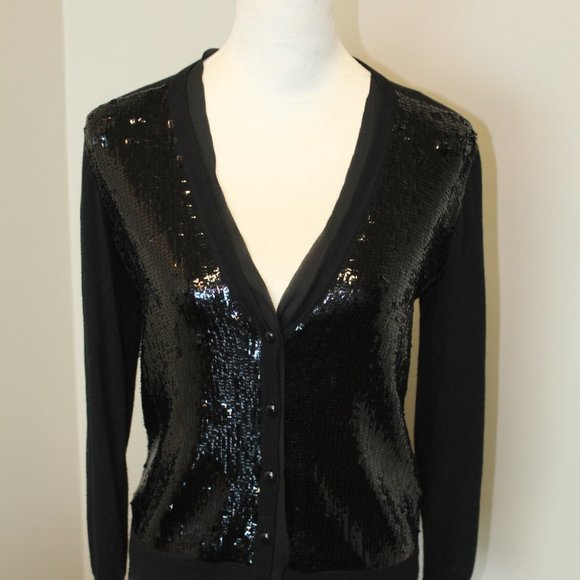 Jones New York, Wool Blend Faux Fur Sequin Button Front Black Sweater, PS - Picture 8 of 11